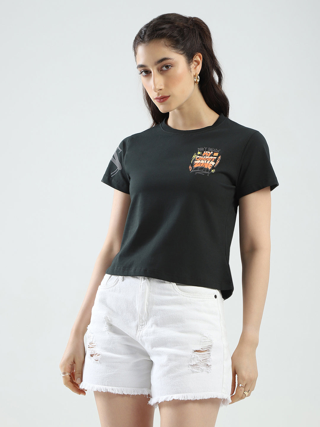 Women Green Printed Round Neck Half Sleeve Top