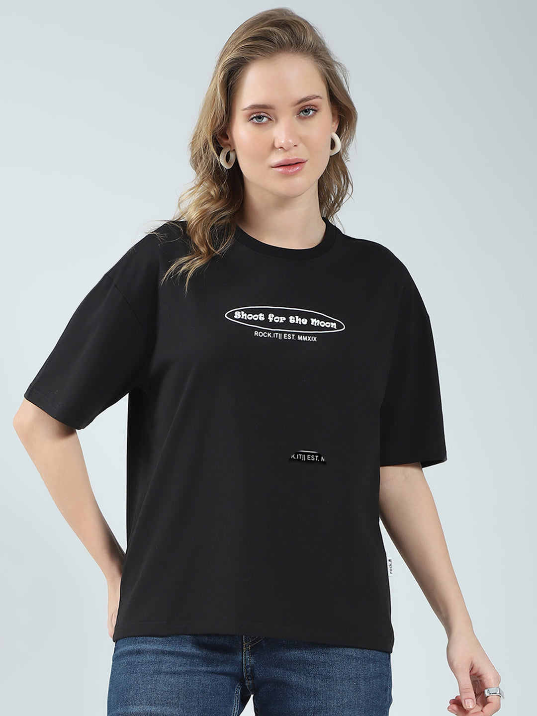 Women Black Printed Round Neck Half Sleeve Top