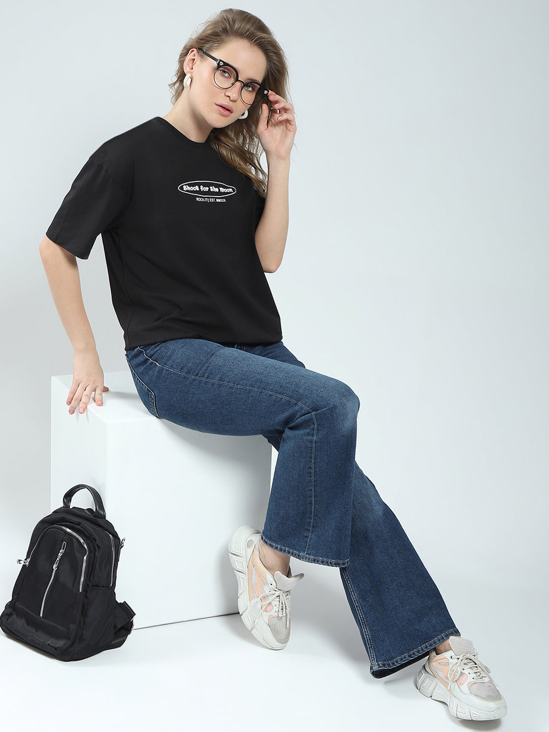 Women Black Printed Round Neck Half Sleeve Top