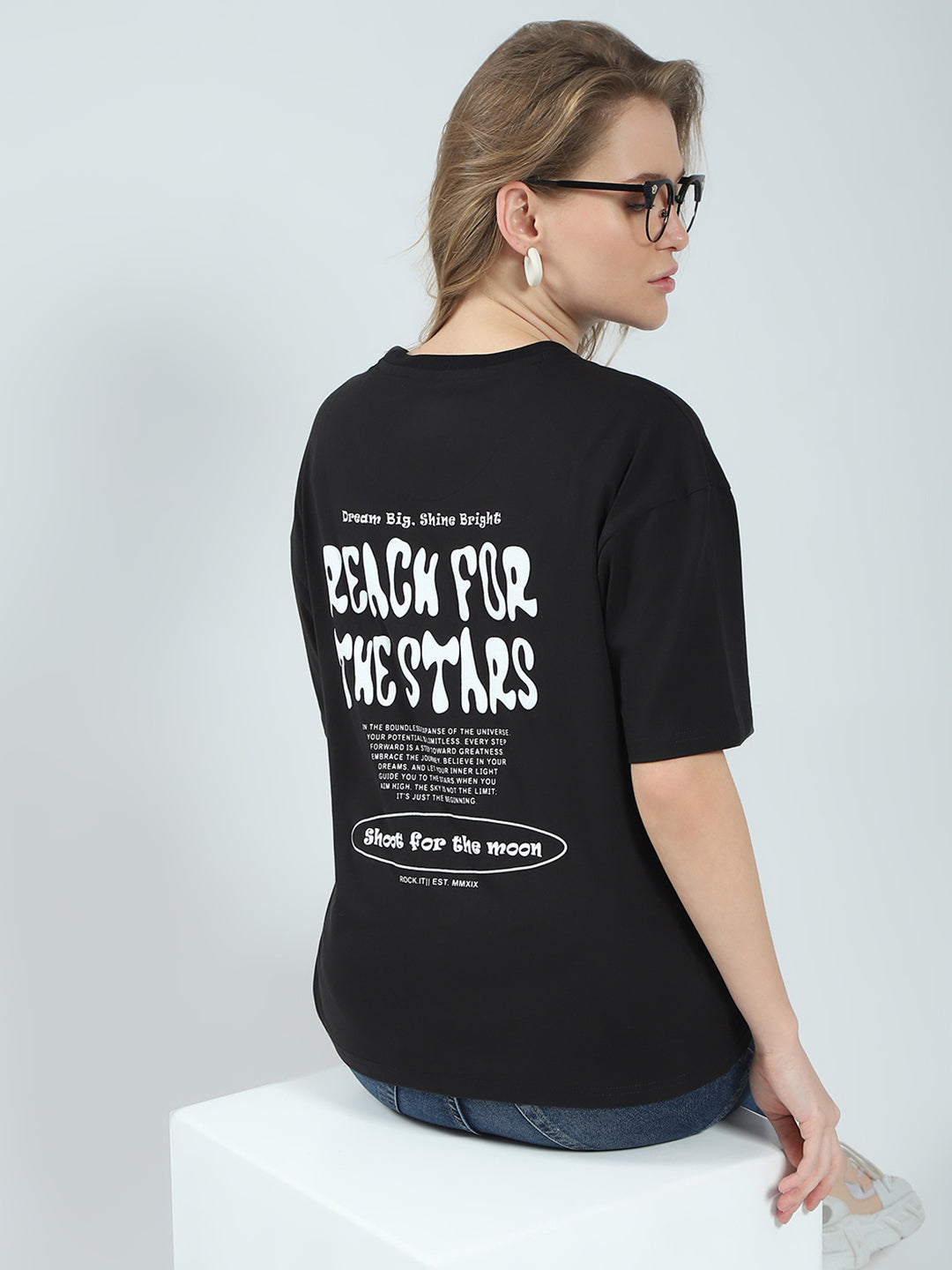 Women Black Printed Round Neck Half Sleeve Top