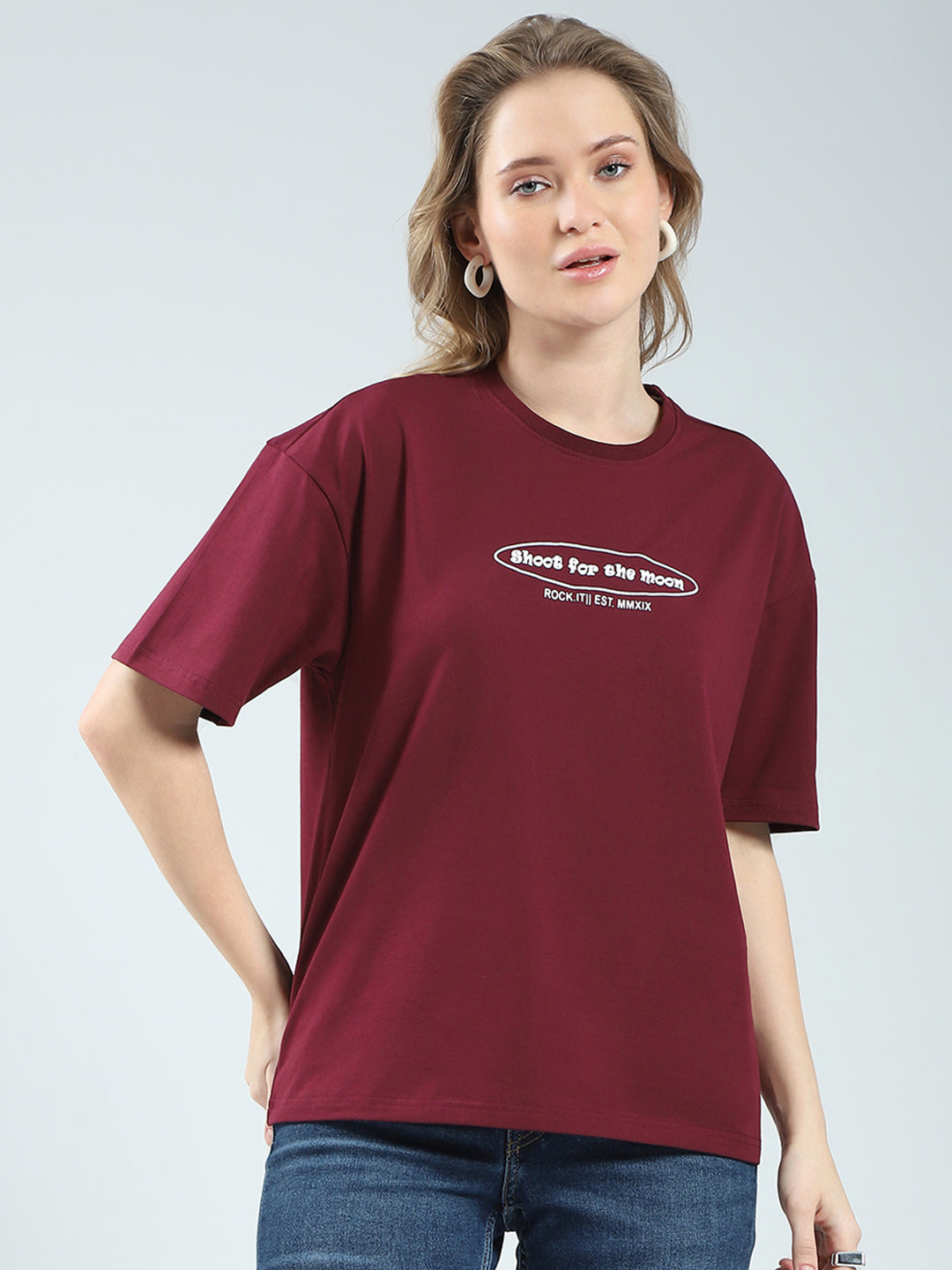 Women Maroon Printed Round Neck Half Sleeve Top