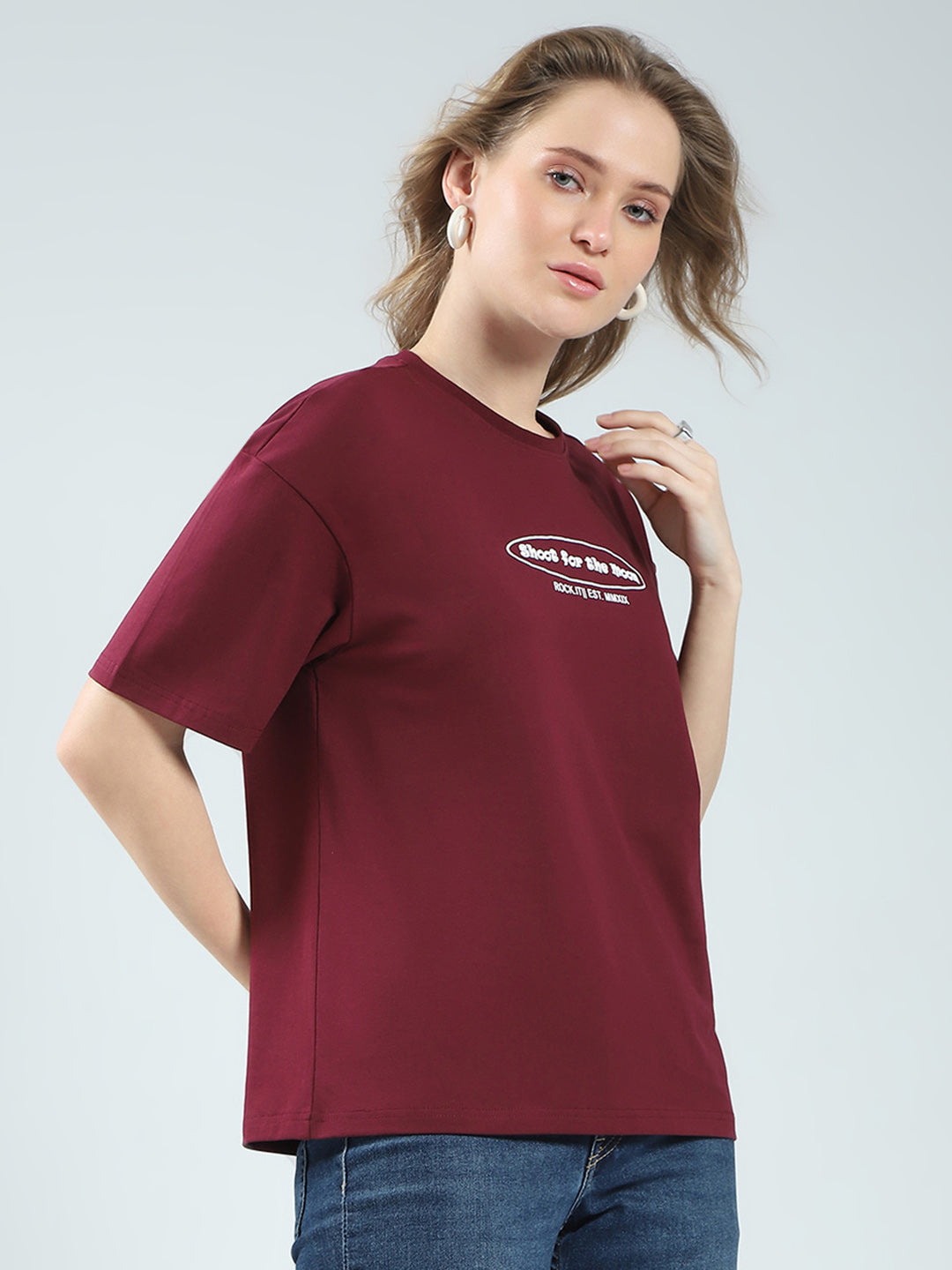 Women Maroon Printed Round Neck Half Sleeve Top
