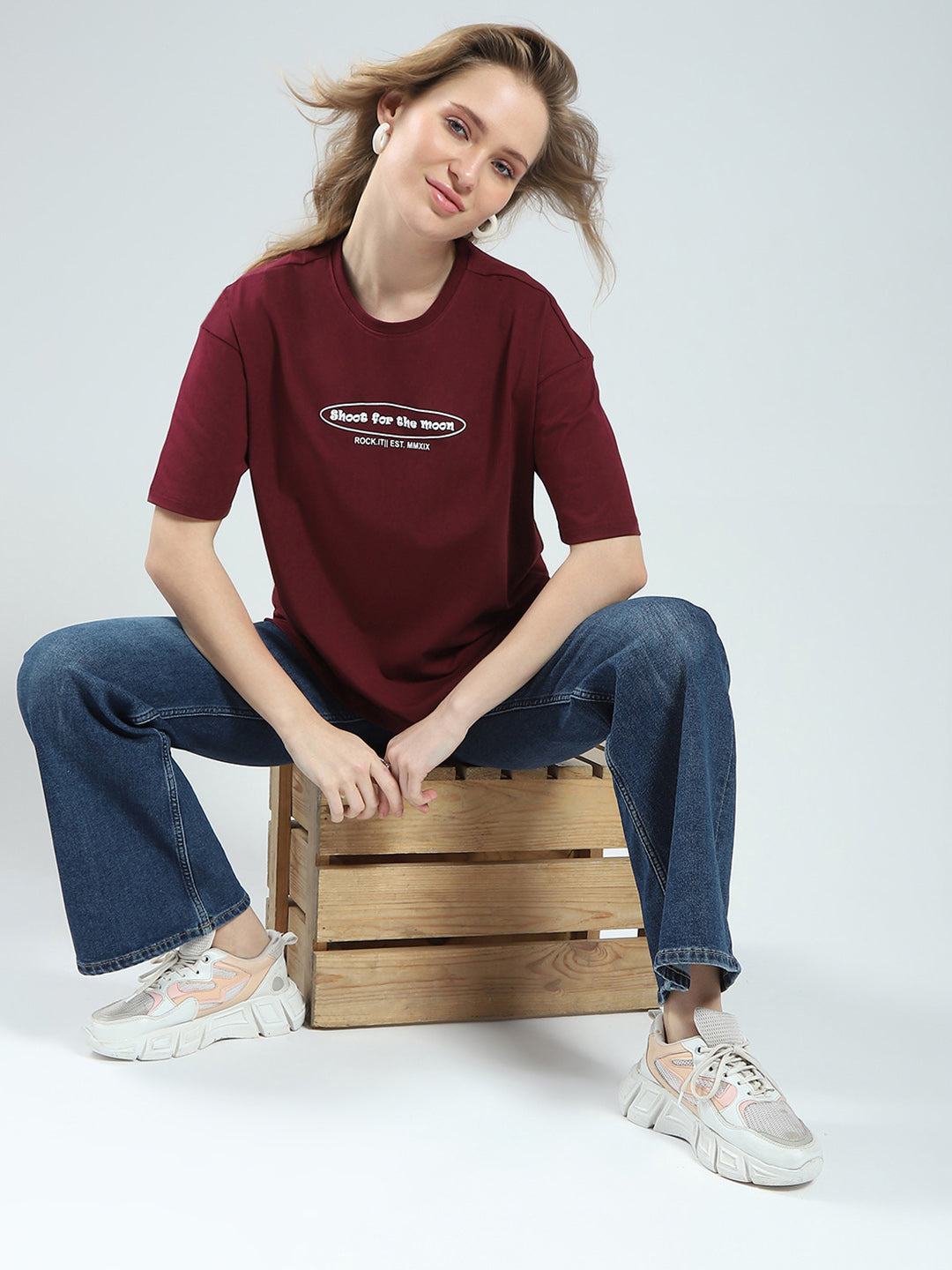 Women Maroon Printed Round Neck Half Sleeve Top