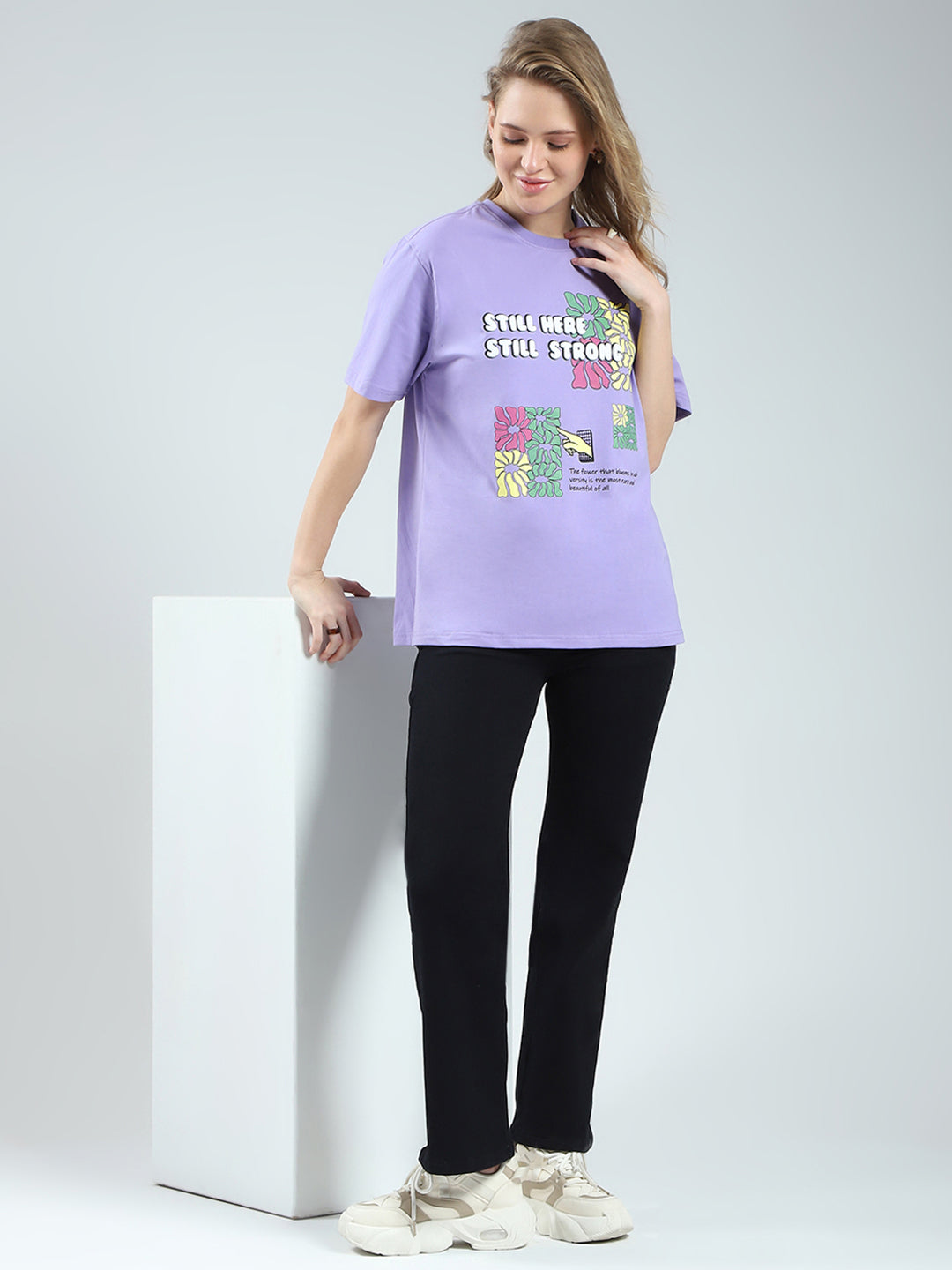 Women Purple Printed Round Neck Half Sleeve Top