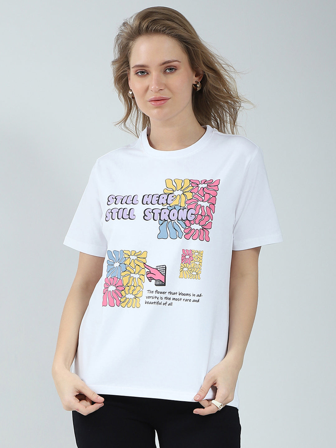 Women White Printed Round Neck Half Sleeve Top