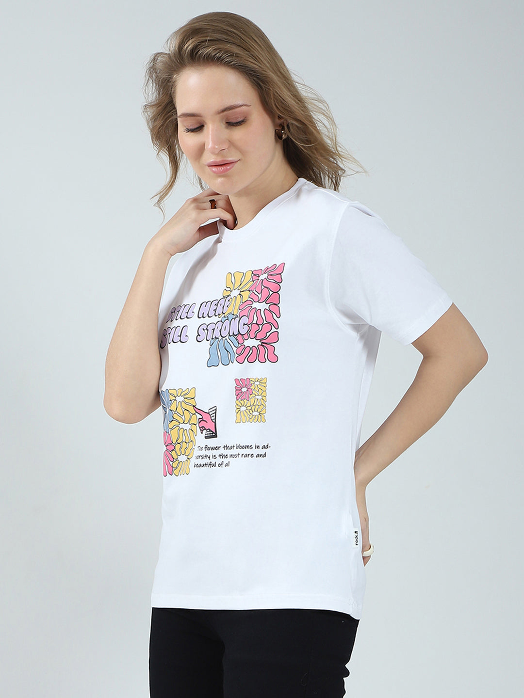 Women White Printed Round Neck Half Sleeve Top
