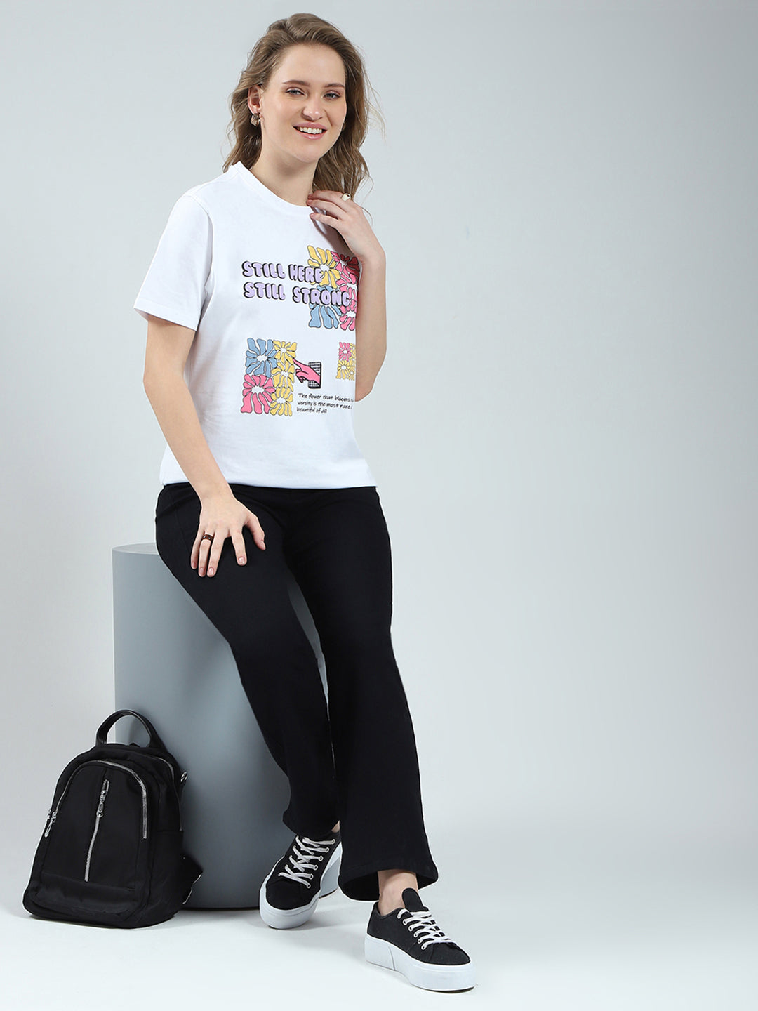 Women White Printed Round Neck Half Sleeve Top