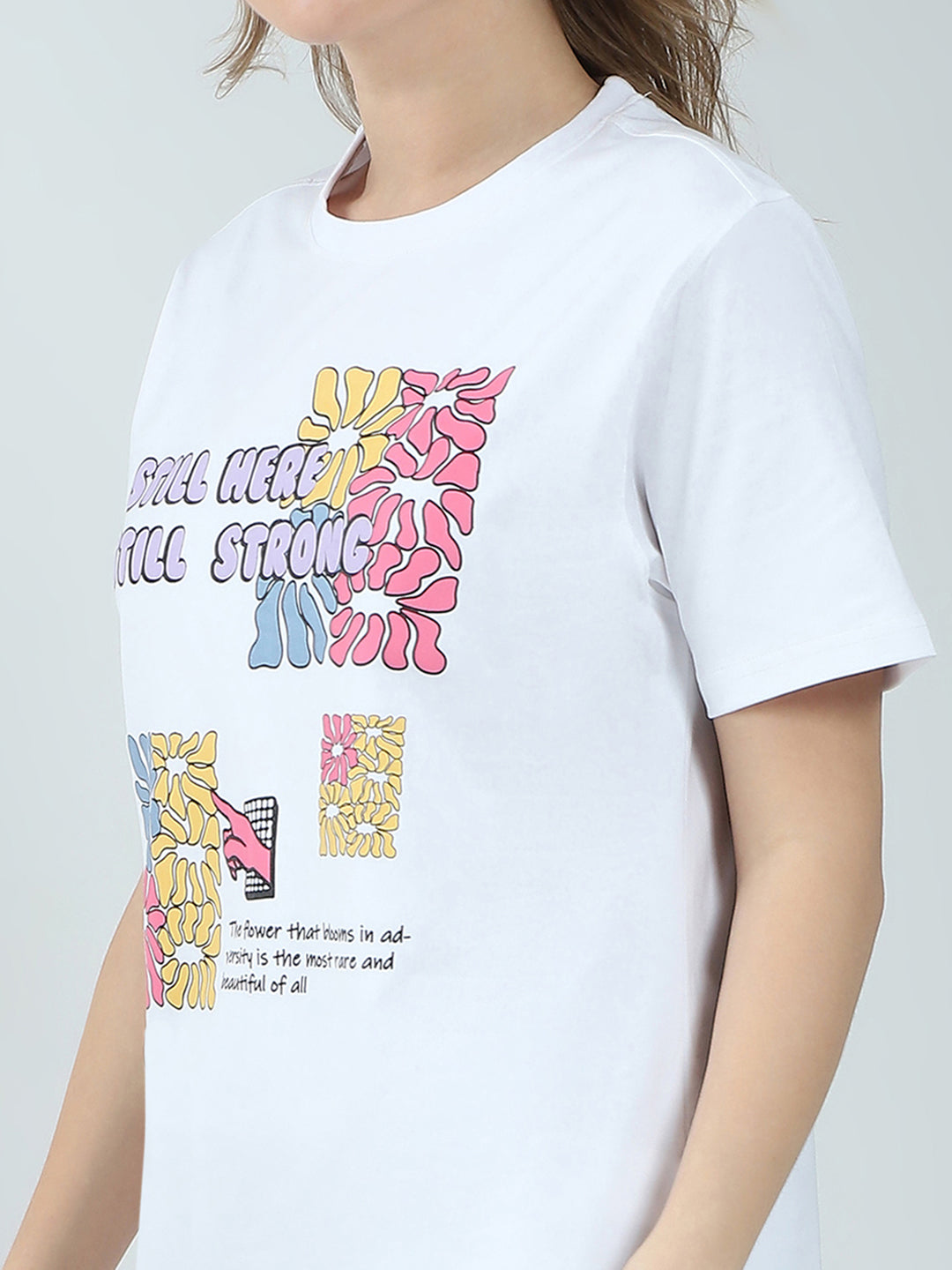 Women White Printed Round Neck Half Sleeve Top