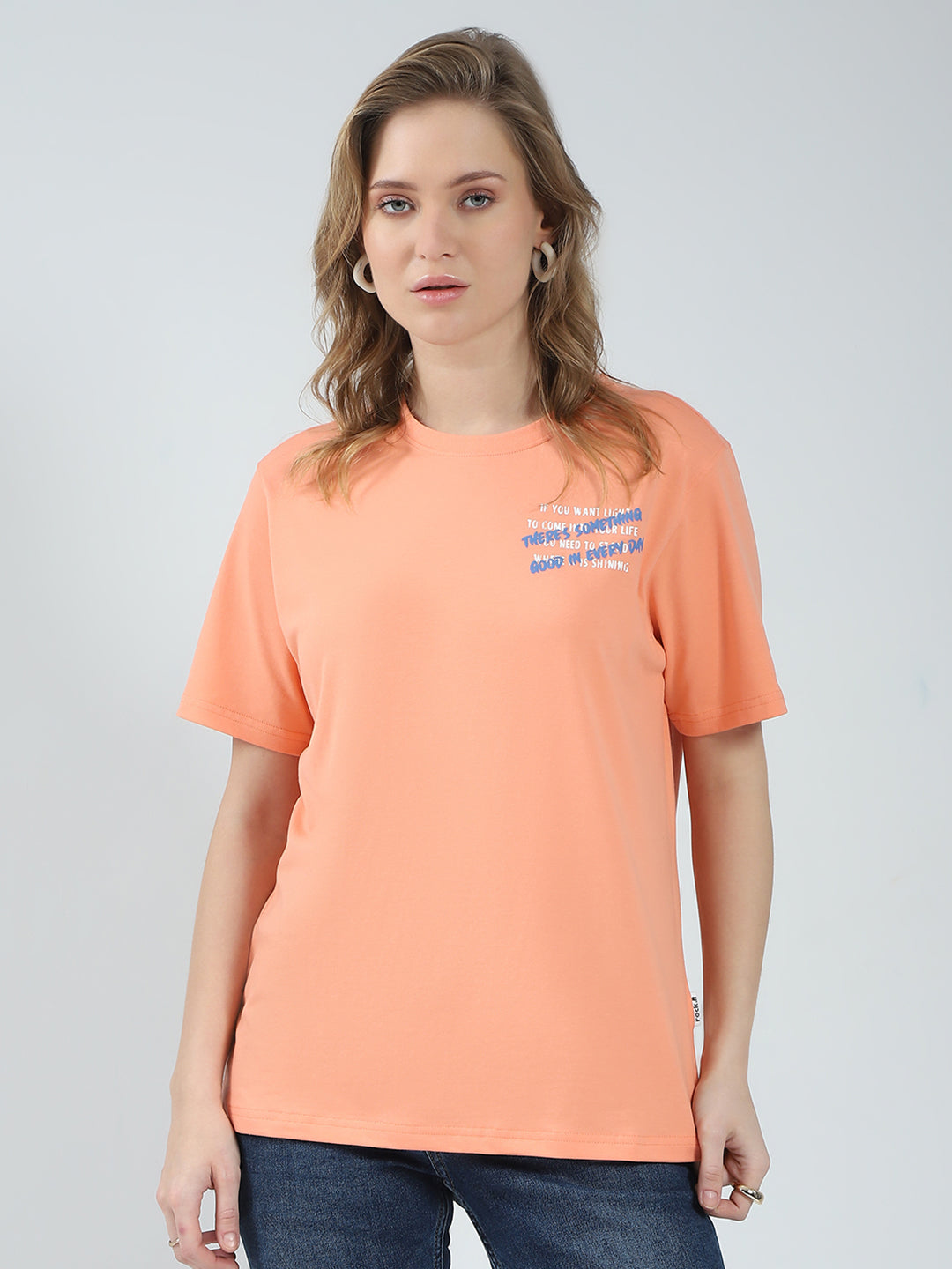 Women Orange Printed Round Neck Half Sleeve Top
