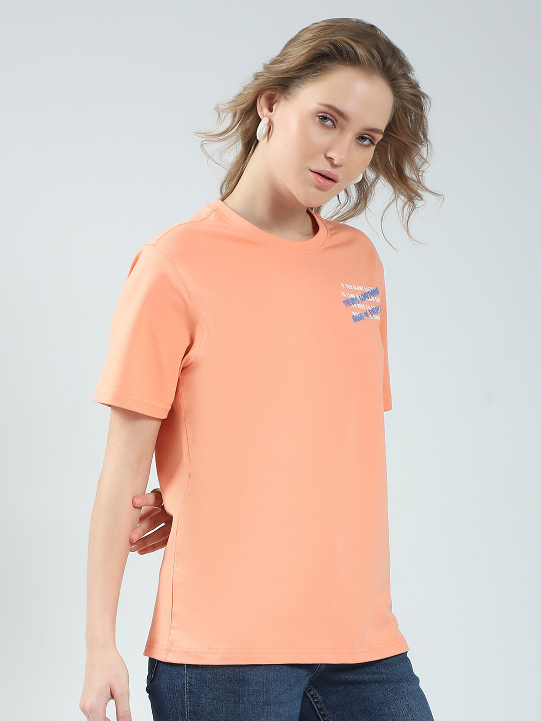 Women Orange Printed Round Neck Half Sleeve Top