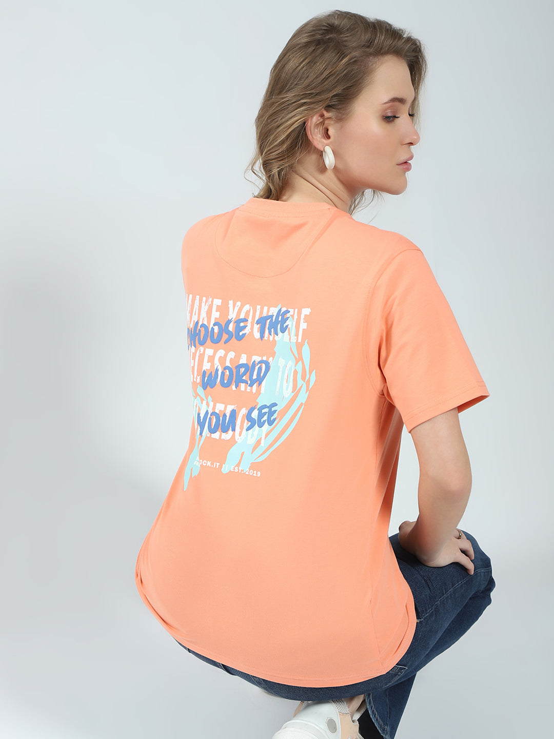 Women Orange Printed Round Neck Half Sleeve Top