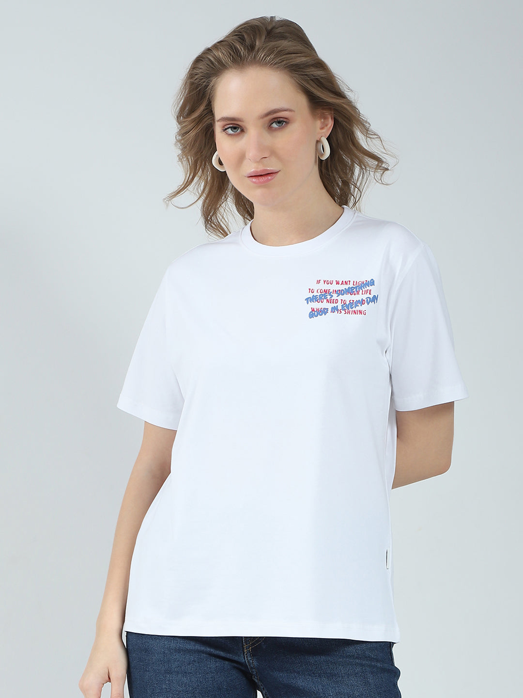 Women White Printed Round Neck Half Sleeve Top