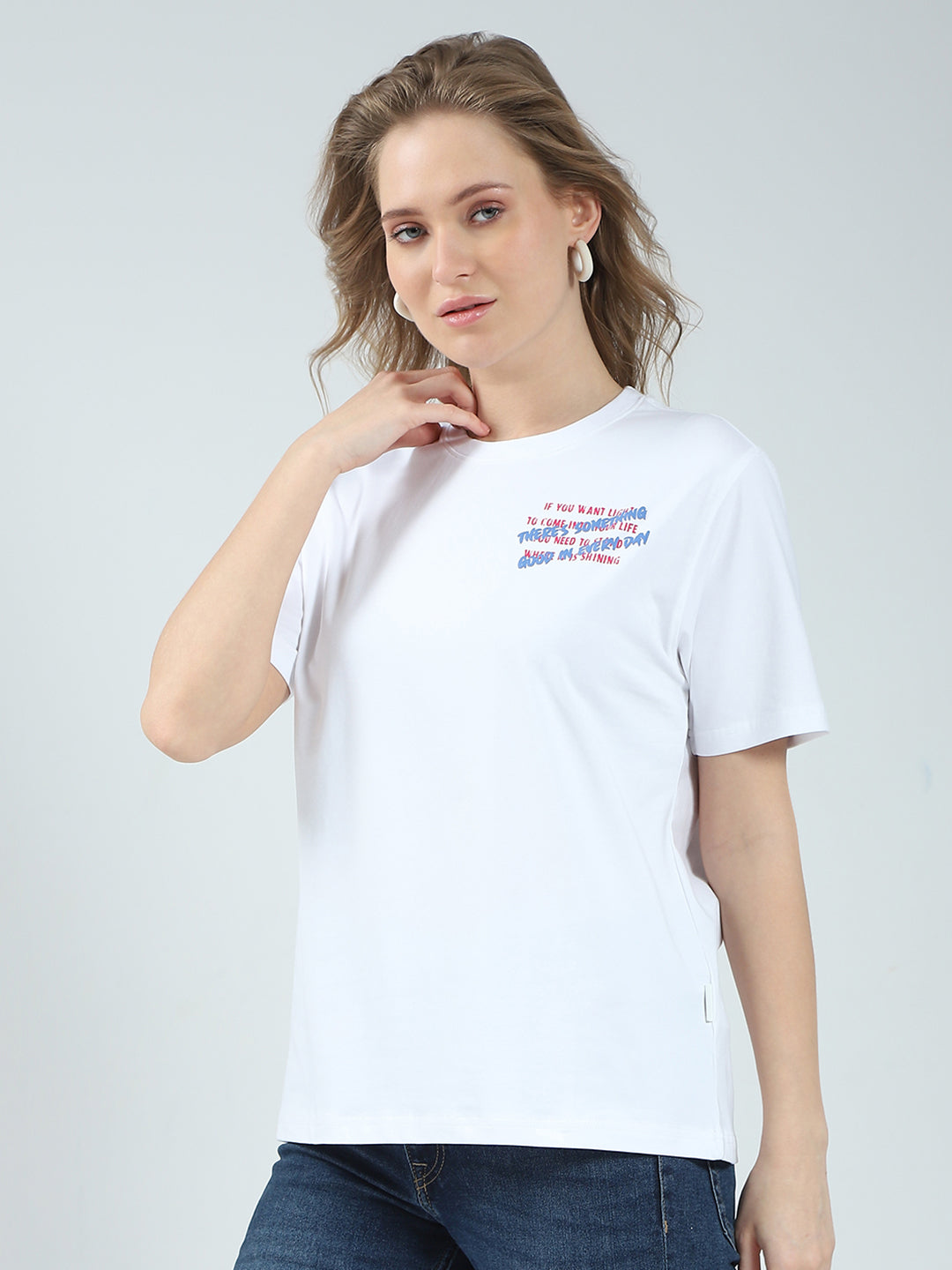 Women White Printed Round Neck Half Sleeve Top