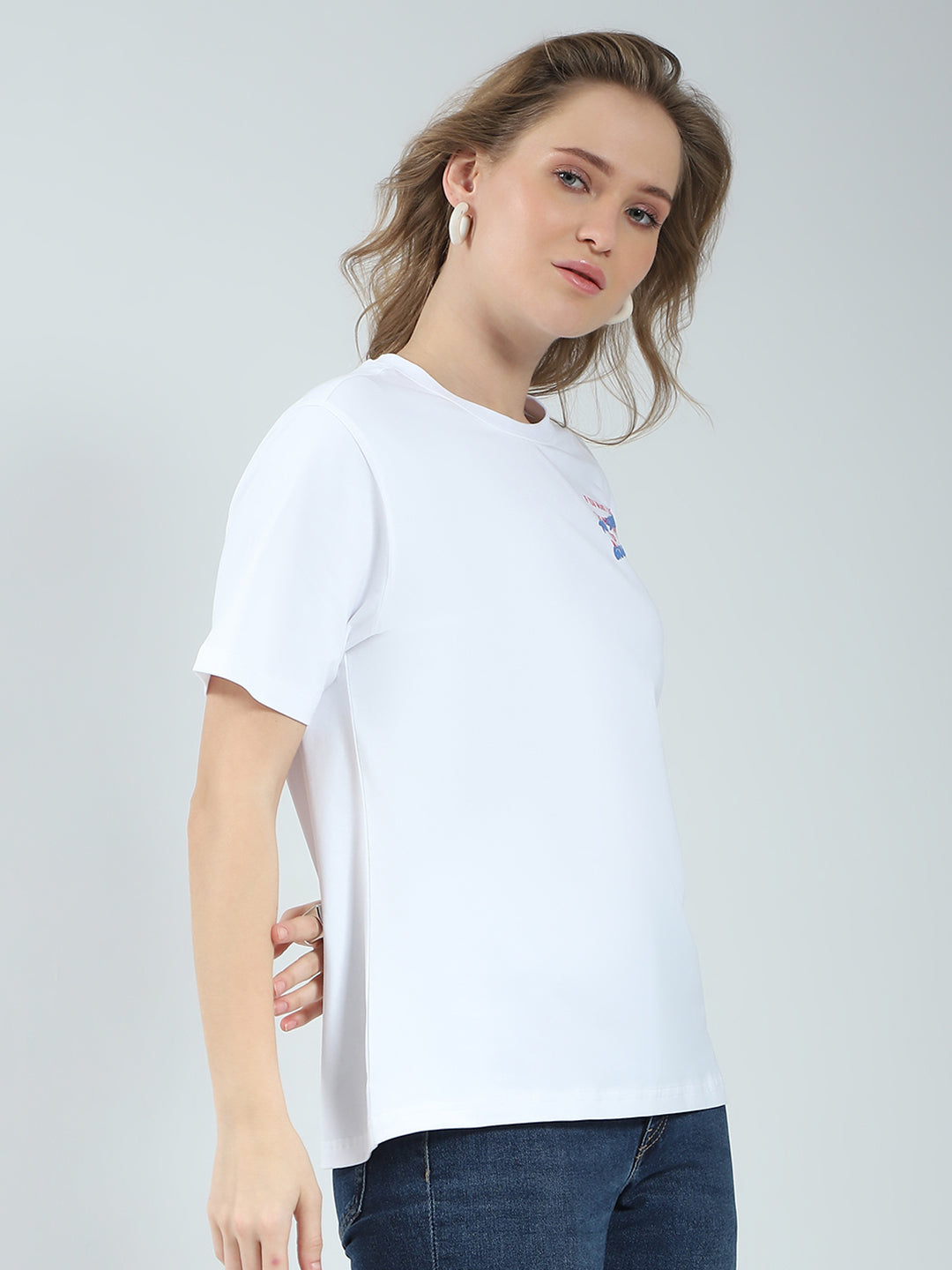 Women White Printed Round Neck Half Sleeve Top