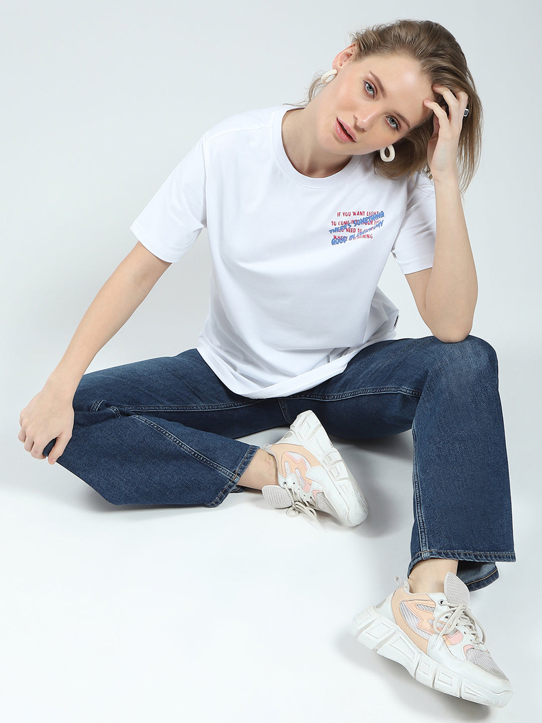 Women White Printed Round Neck Half Sleeve Top