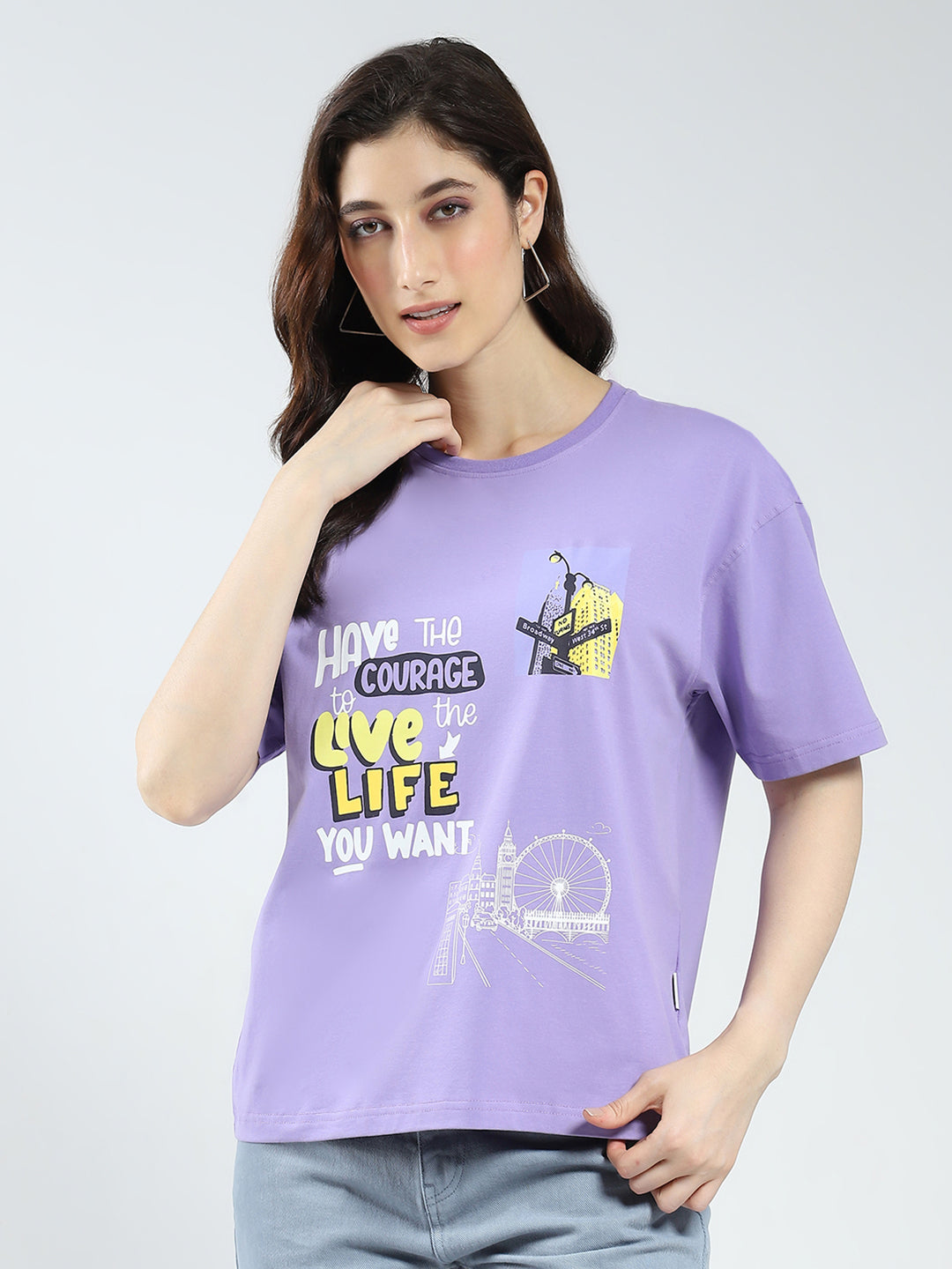 Women Purple Printed Round Neck Half Sleeve Top