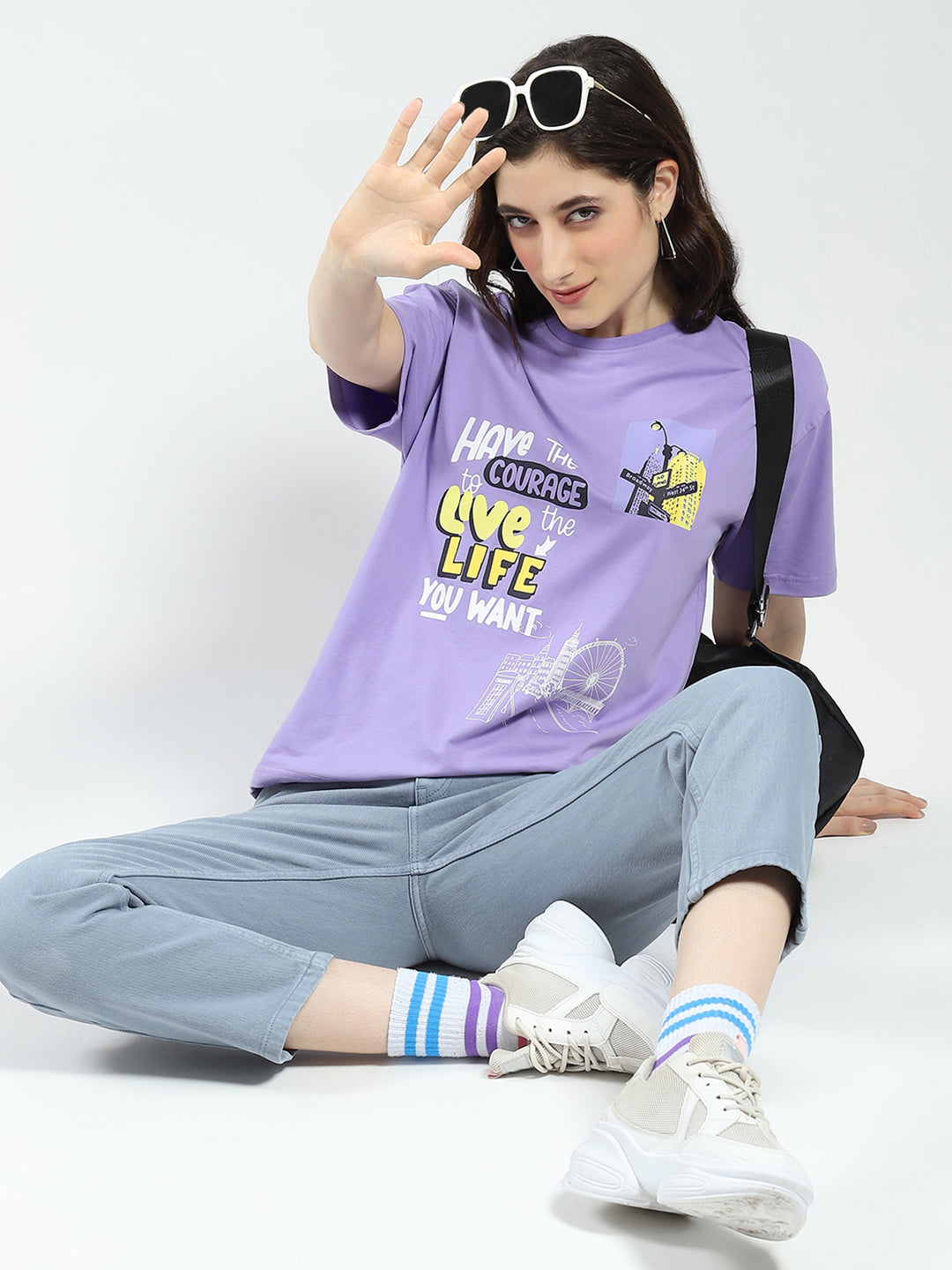 Women Purple Printed Round Neck Half Sleeve Top
