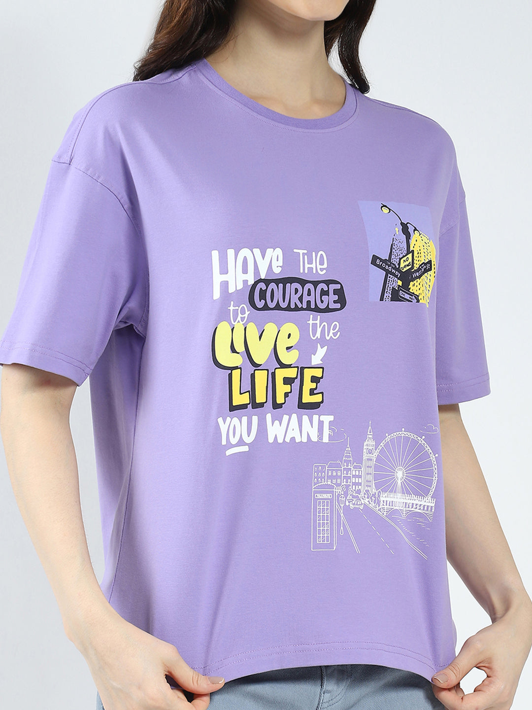 Women Purple Printed Round Neck Half Sleeve Top