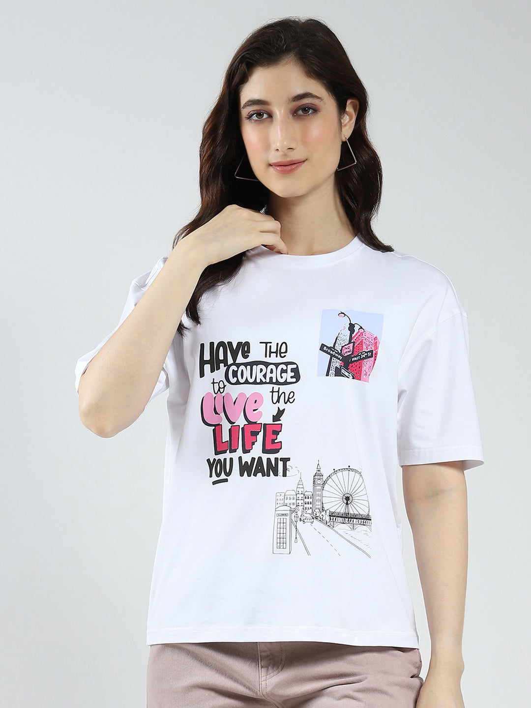 Women White Printed Round Neck Half Sleeve Top
