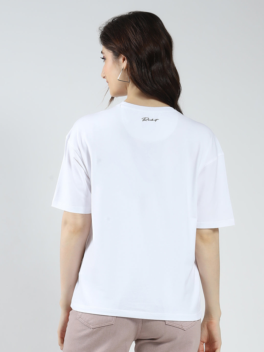 Women White Printed Round Neck Half Sleeve Top