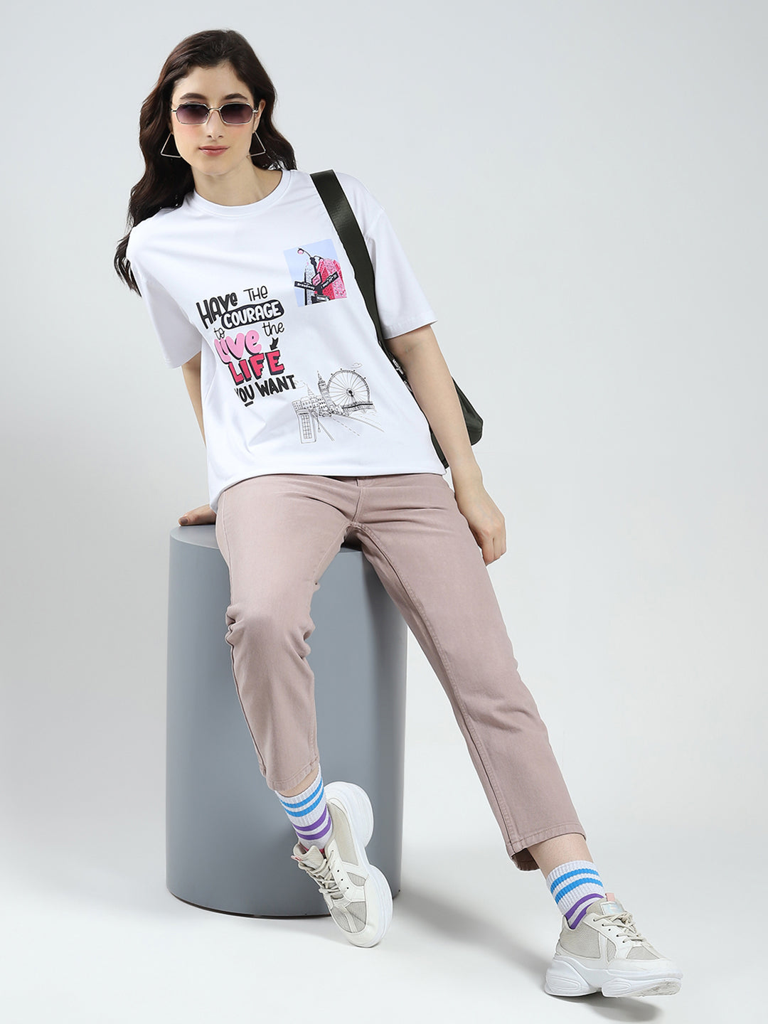 Women White Printed Round Neck Half Sleeve Top