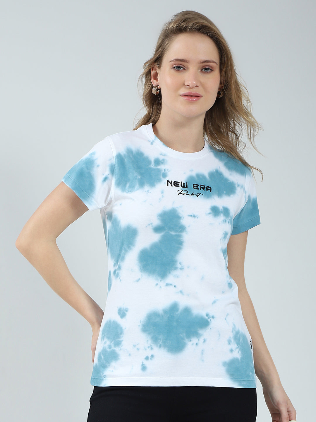Women Blue Printed Round Neck Half Sleeve Top
