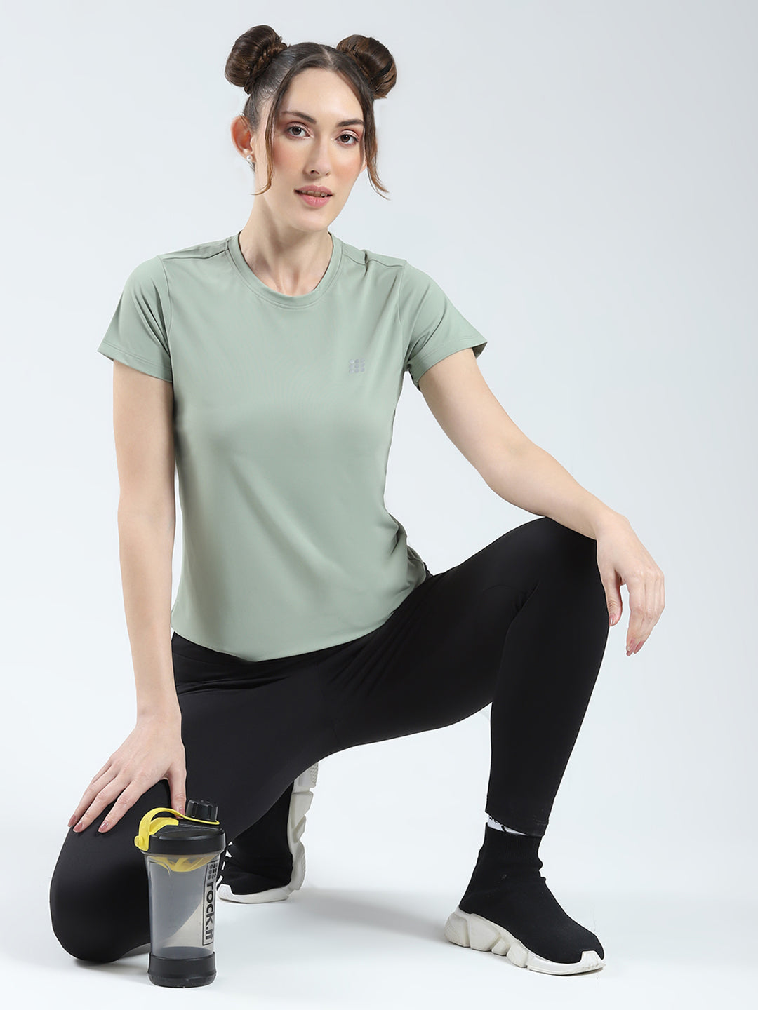 Rock.it Women Green Solid Round Neck Half Sleeve Top