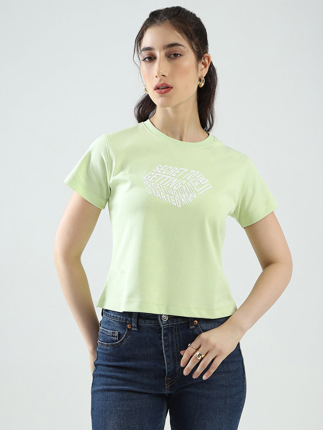 Women Green Printed Round Neck Half Sleeve Top