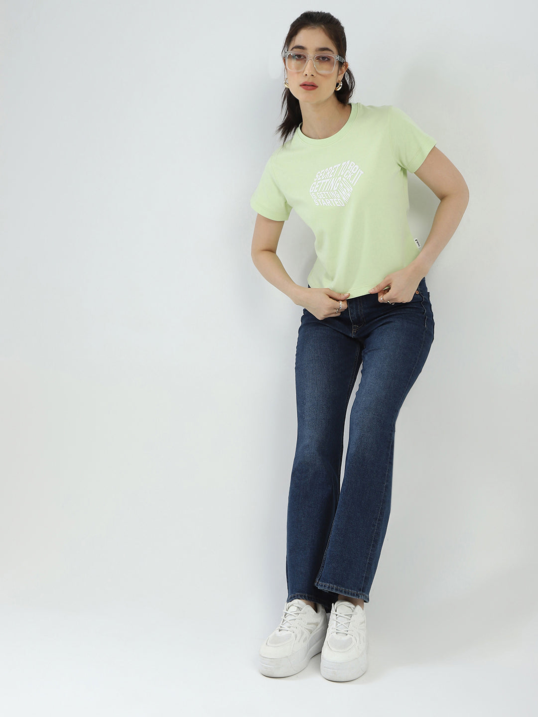 Women Green Printed Round Neck Half Sleeve Top