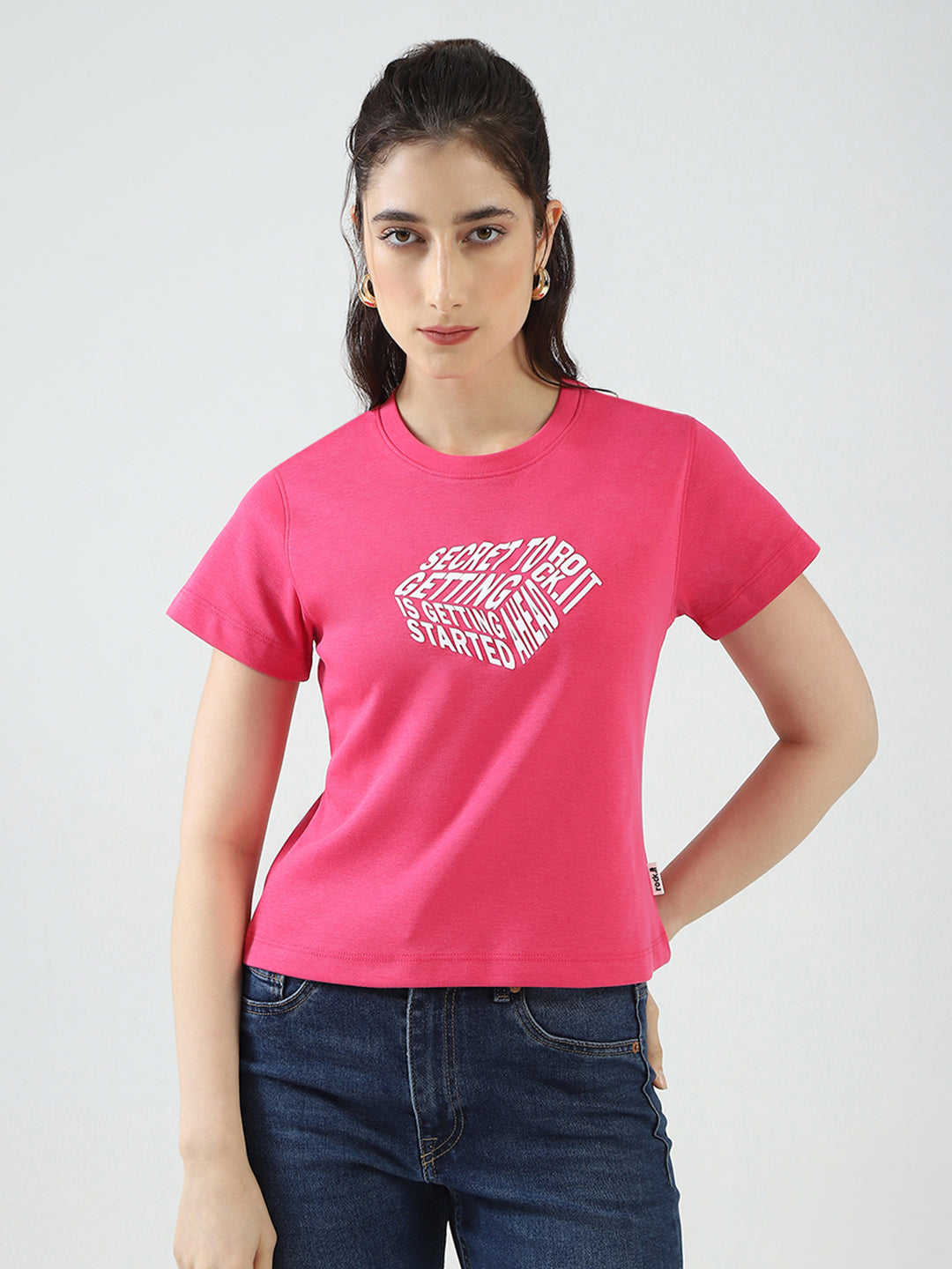 Women Pink Printed Round Neck Half Sleeve Top