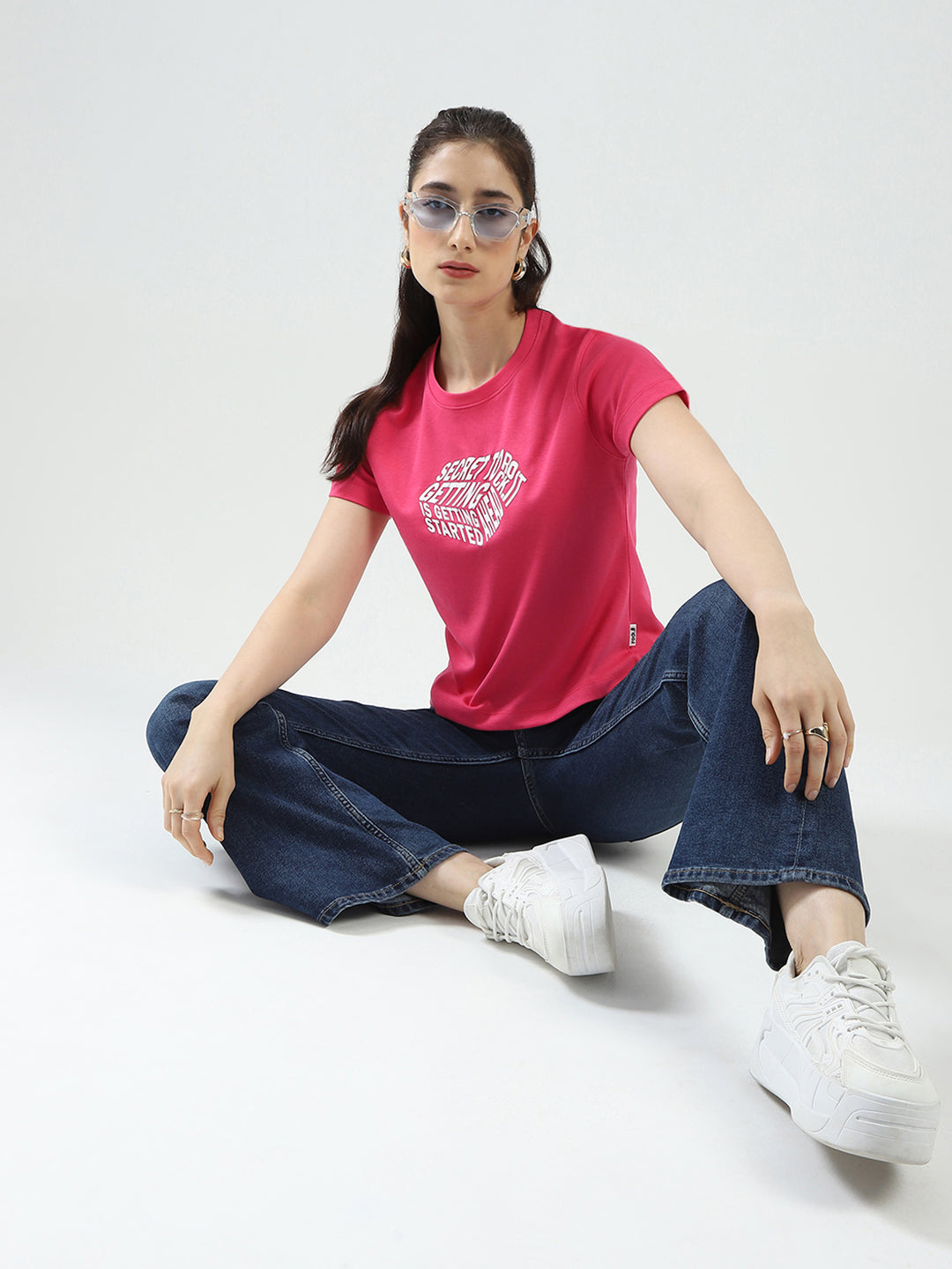 Women Pink Printed Round Neck Half Sleeve Top