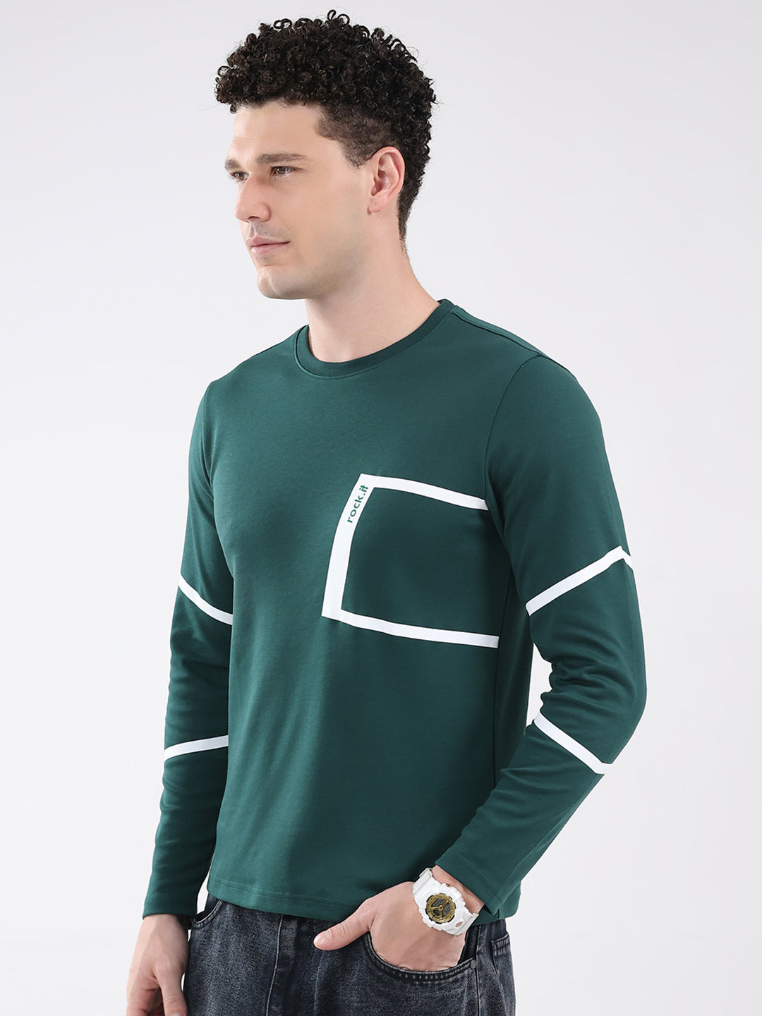 Rock.it Men Green Solid Round Neck Full Sleeve Winter T-Shirt