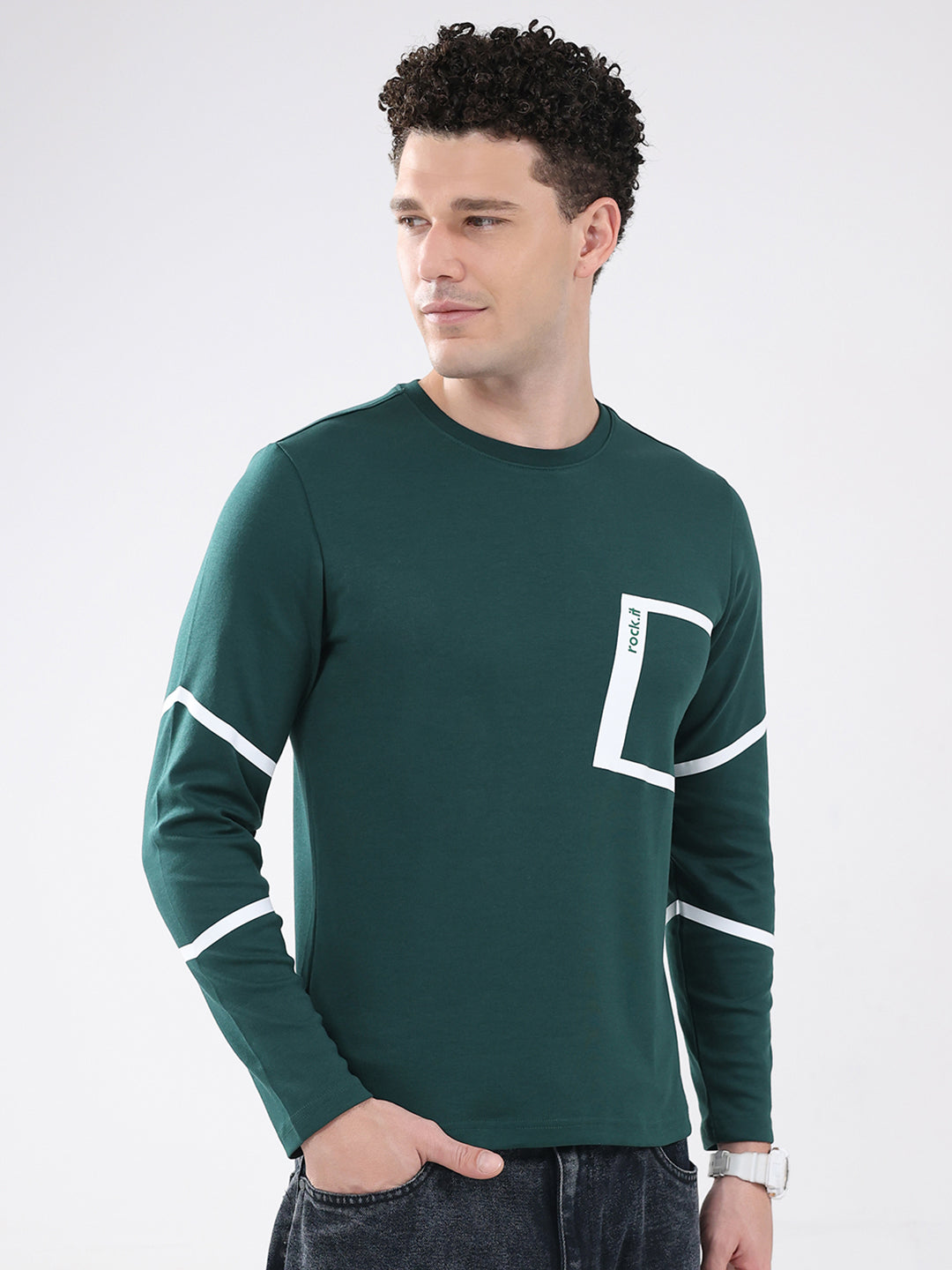 Rock.it Men Green Solid Round Neck Full Sleeve Winter T-Shirt