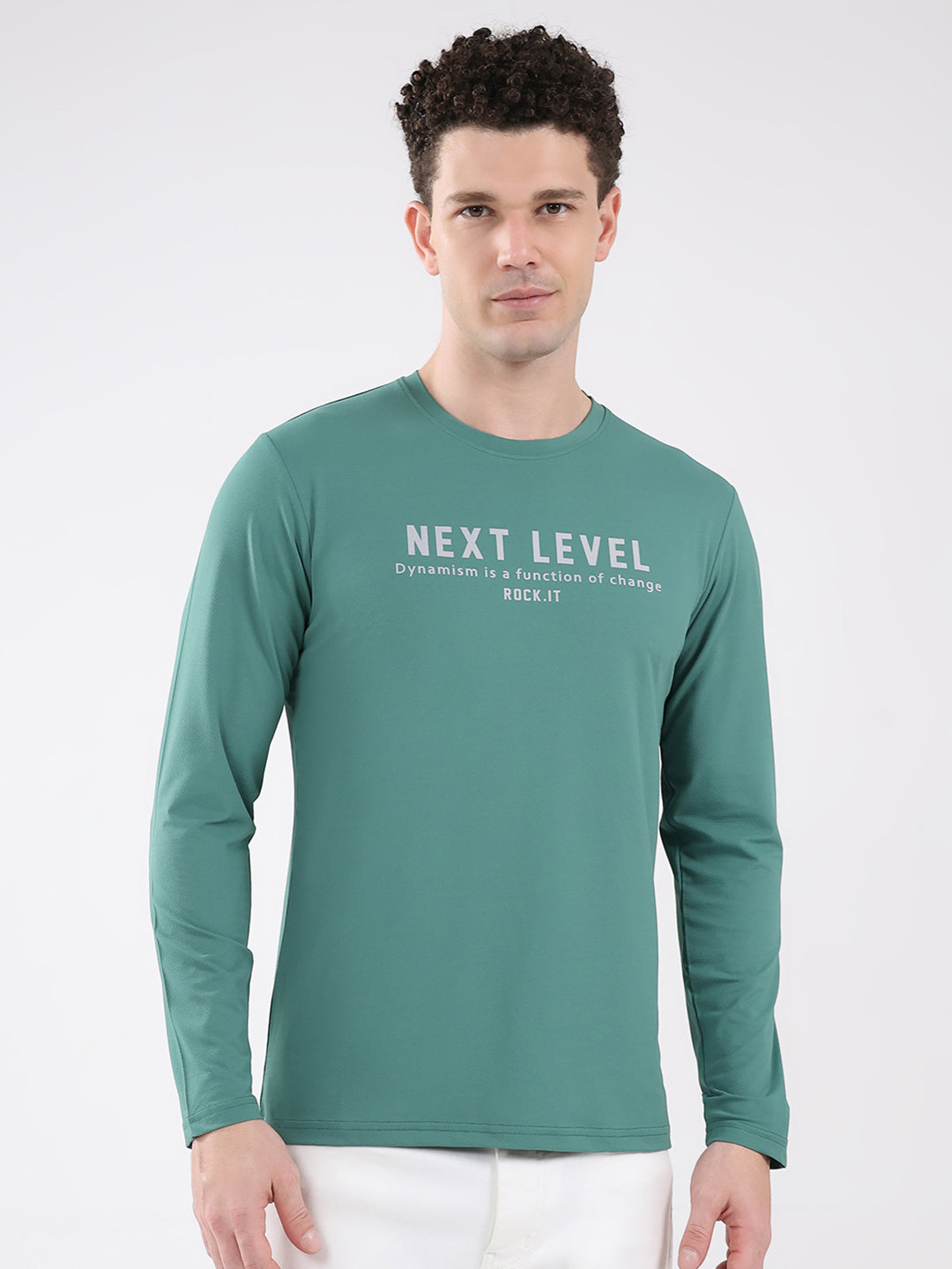 Rock.it Men Green Printed Round Neck Full Sleeve Winter T-Shirt