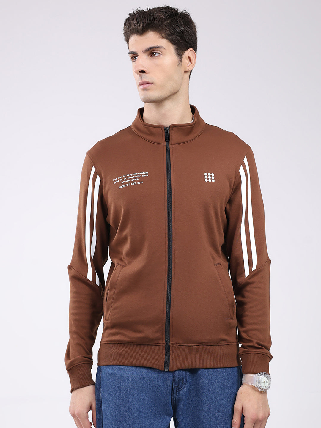 Rock.it Men Brown Printed Mock Neck Full Sleeve Sweatshirt