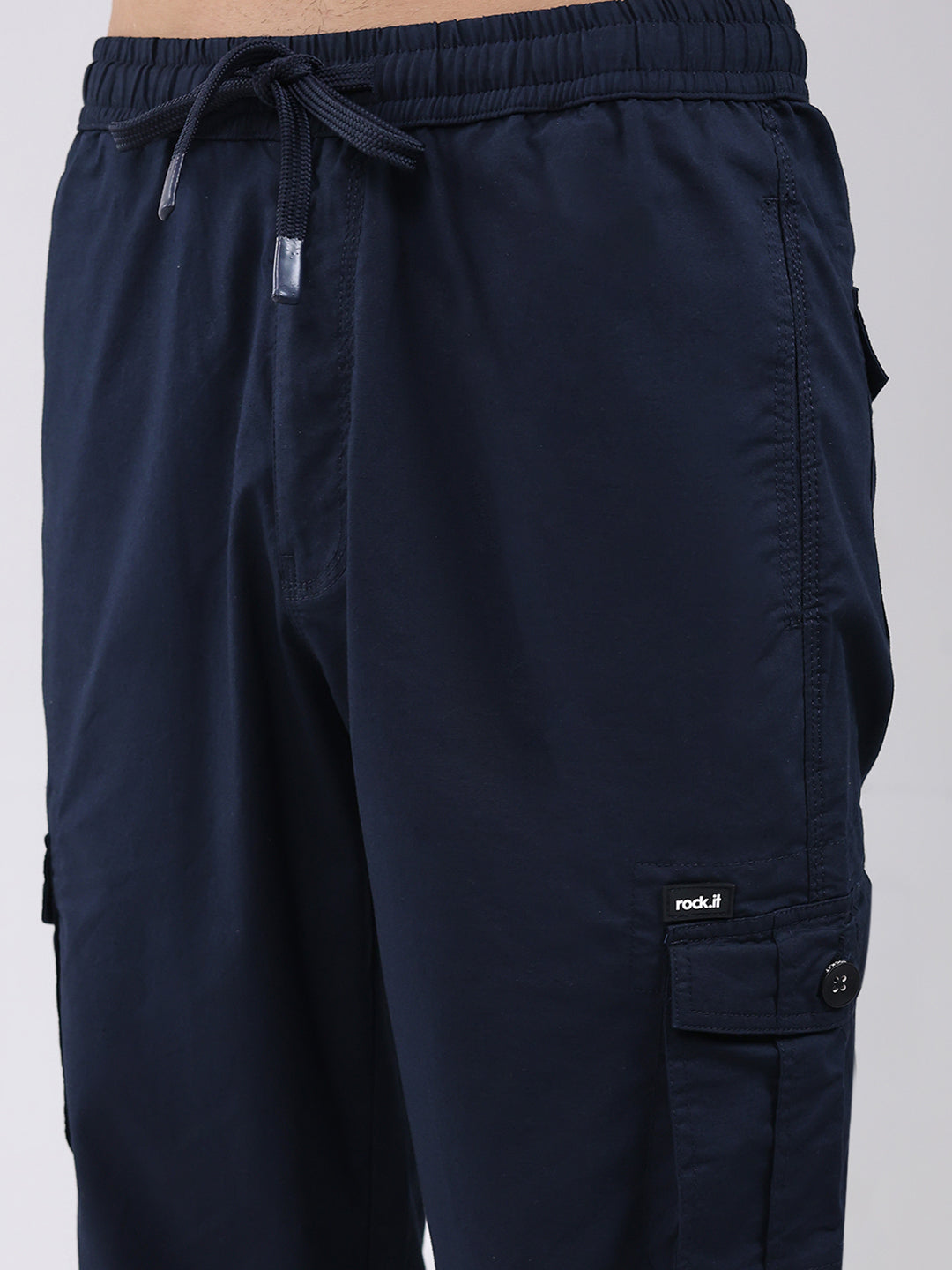 Rock.it Men Navy Blue Solid Regular Fit Cargo
