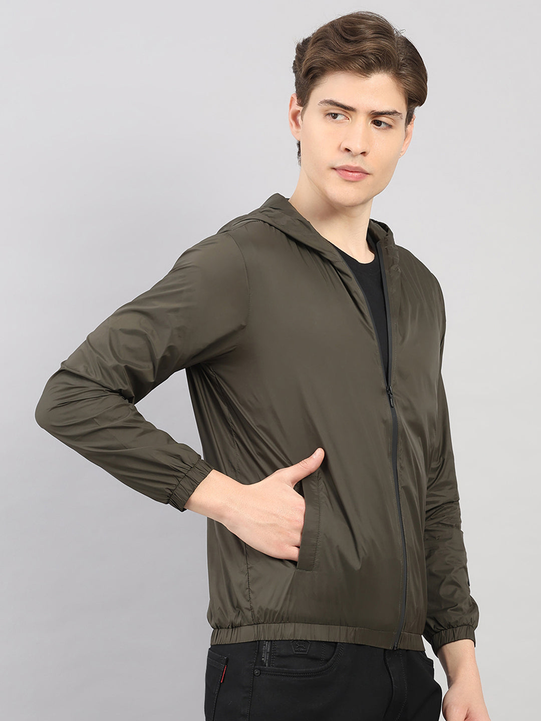 Rock.it Men Olive Solid Hooded Full Sleeve Jacket