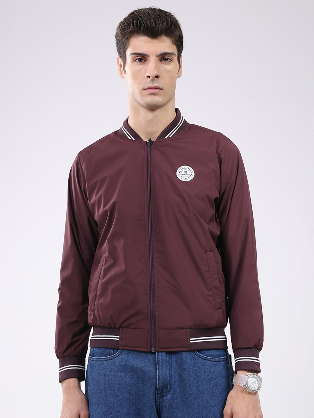 Rock.it Men Maroon Solid Band Neck Full Sleeve Jacket