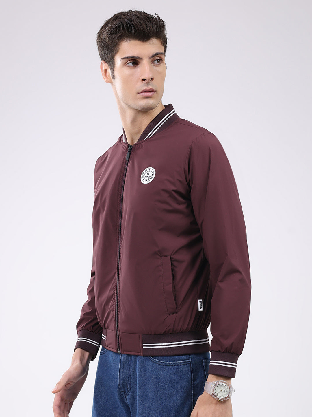 Rock.it Men Maroon Solid Band Neck Full Sleeve Jacket