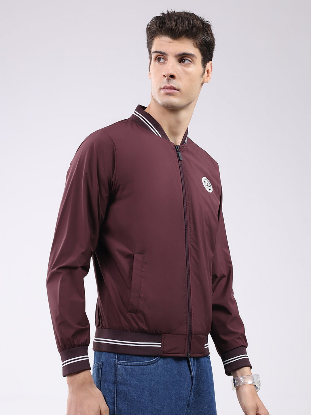 Rock.it Men Maroon Solid Band Neck Full Sleeve Jacket