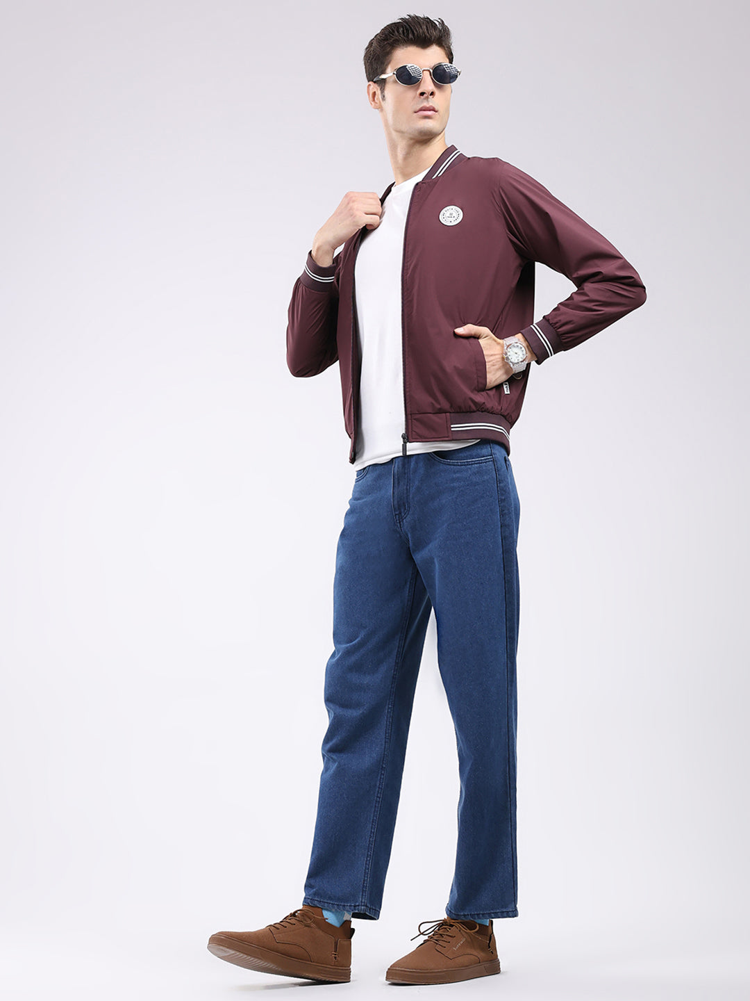 Rock.it Men Maroon Solid Band Neck Full Sleeve Jacket