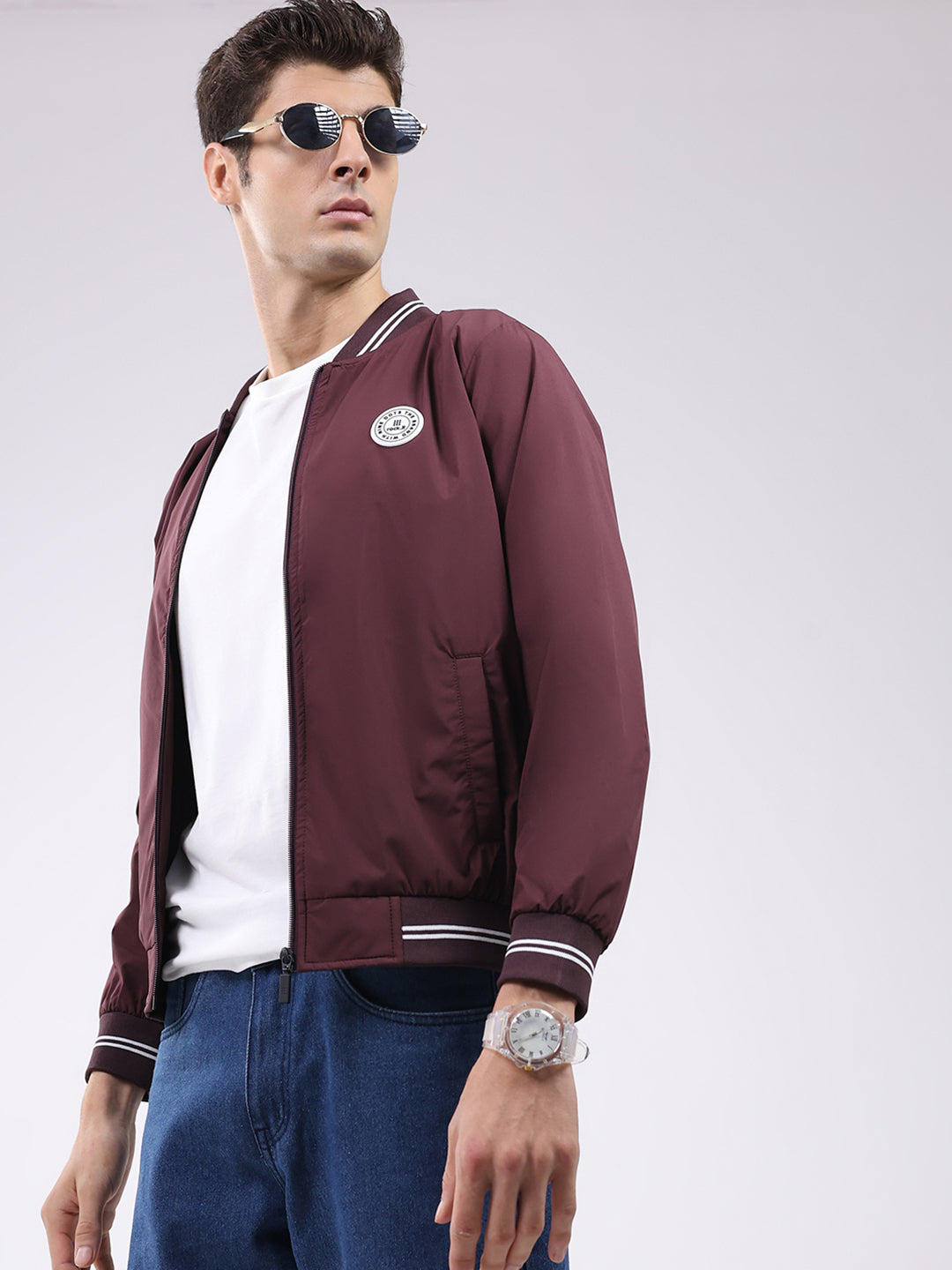 Rock.it Men Maroon Solid Band Neck Full Sleeve Jacket