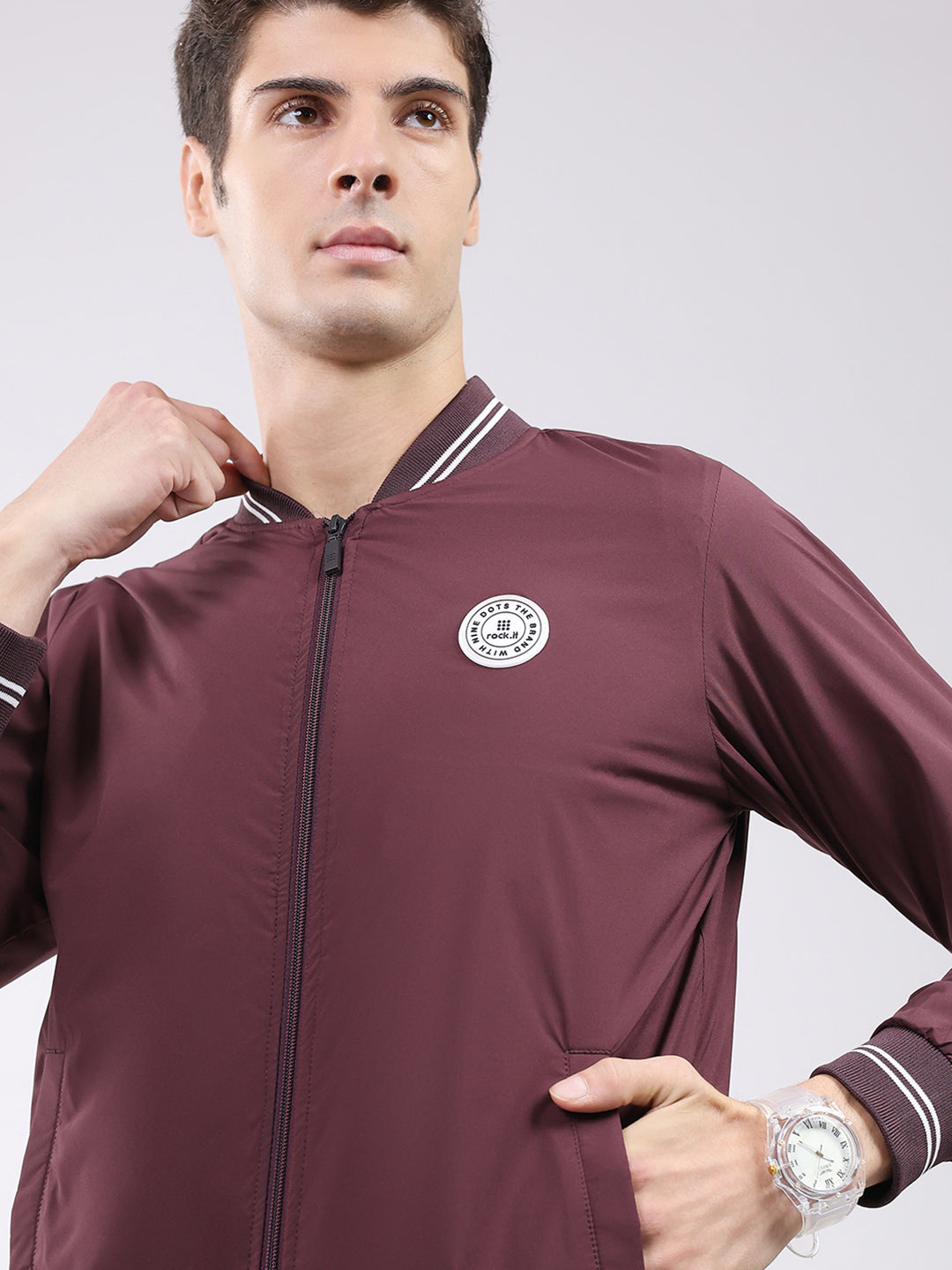 Rock.it Men Maroon Solid Band Neck Full Sleeve Jacket
