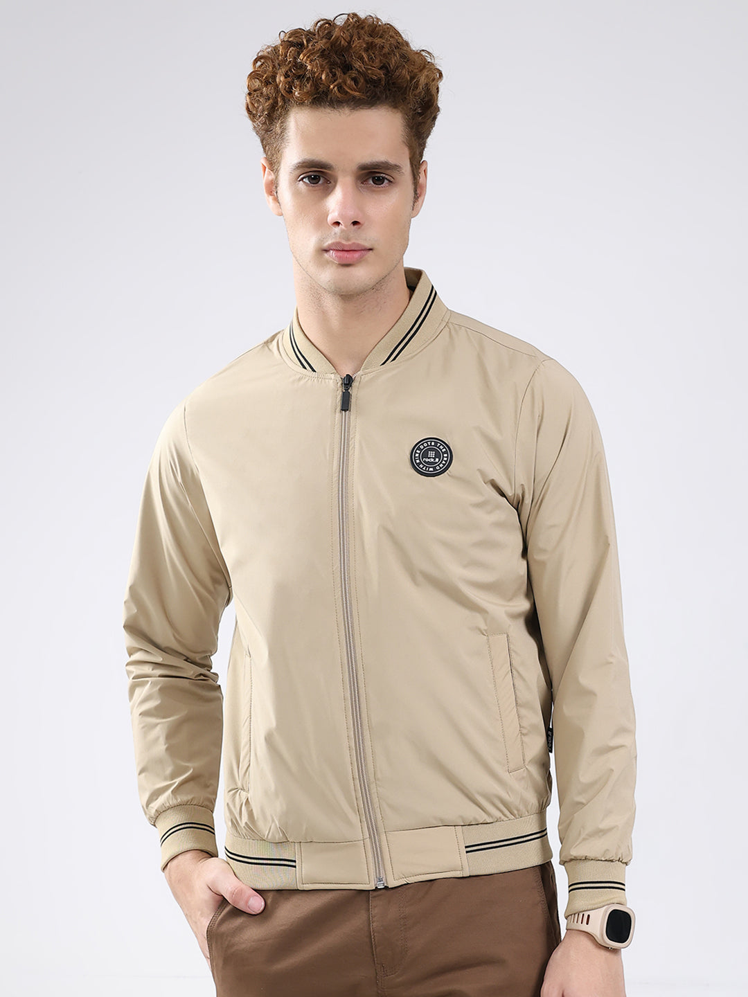 Rock.it Men Beige Solid Band Neck Full Sleeve Jacket