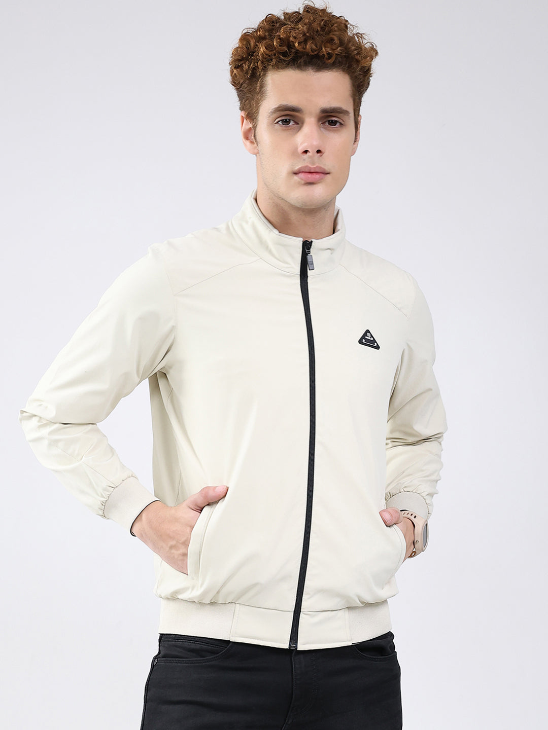 Rock.it Men Cream Solid Mock Neck Full Sleeve Jacket