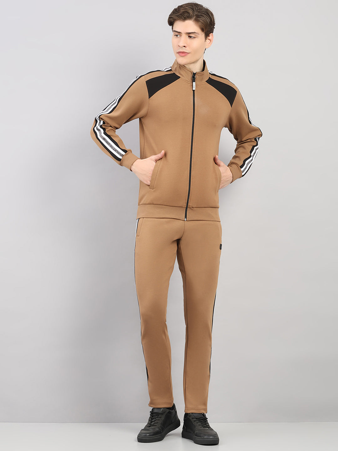 Rock.it Men Camel Brown Solid Round Neck Sleeveless Winter Tracksuit