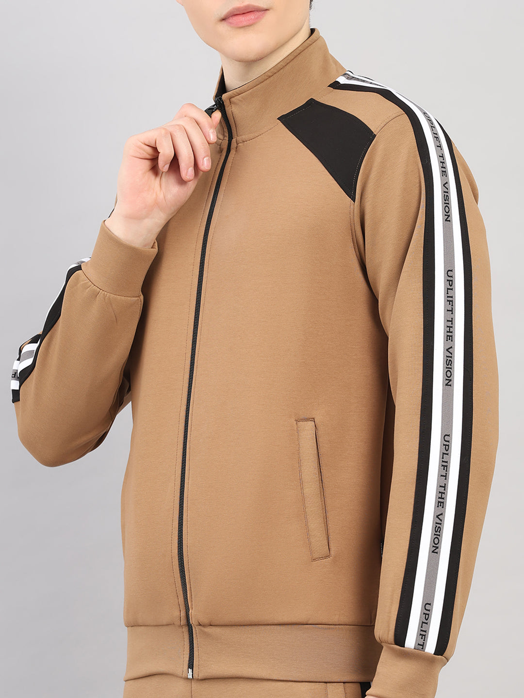 Rock.it Men Camel Brown Solid Round Neck Sleeveless Winter Tracksuit