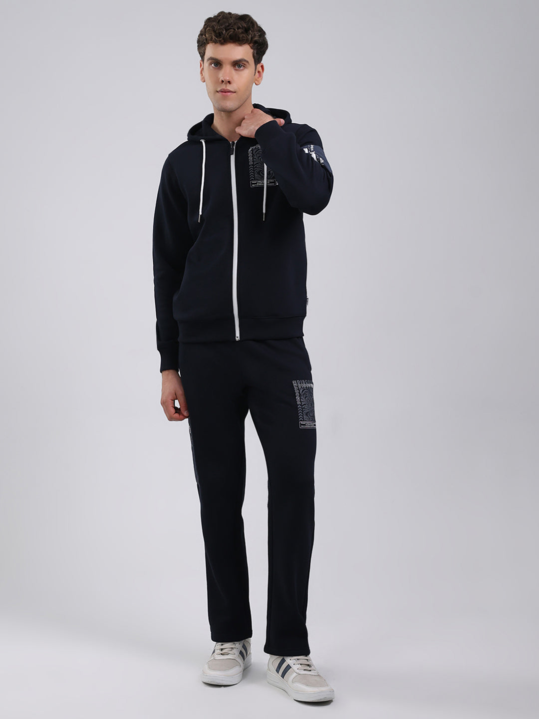 Rock.it Men Navy Blue Printed Round Neck Full Sleeve Winter Tracksuit