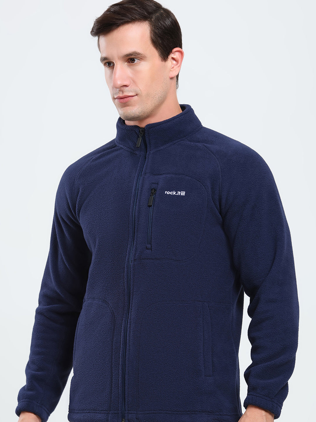 Rock.it Men Navy Blue Solid Mock Neck Full Sleeve Sweatshirt