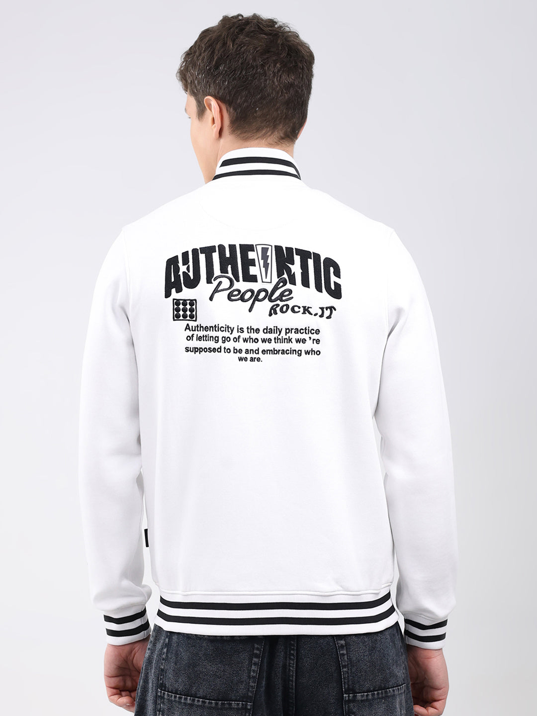 Rock.it Men White Embroidered T Neck Full Sleeve Sweatshirt